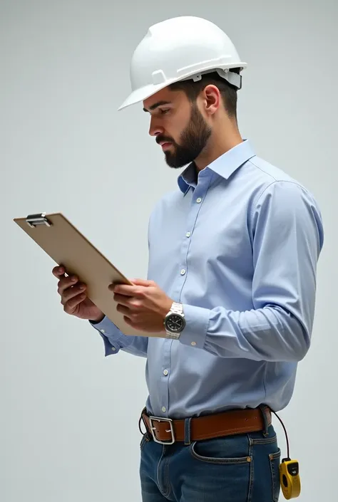 A profile image of a successful civil engineer. The man is dressed in a formal shirt, white work helmet, jeans and work boots, holding a clipboard. On his belt there is a measuring tape hanging. He is wearing a silver analogue watch, and is staring at his ...