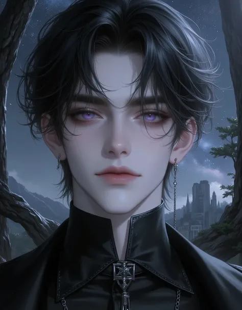 ( nonsense,   high resolution ,   Detail ), (1 person,   adult  , ความเป็น  adult  ,  tall man  , Broad shoulders, handsome), Wavy Black hair, white highlights  brown eyes , ( square jaws ,  voiceless words , Thick groove  ),   Break, Forest, Fantasy, ,   ...