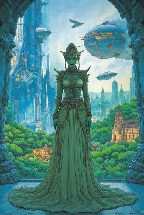 Beautiful goblin queen standing in friont of  a glass wall through which you can see a Science fiction futuristic city, with towering buildings against a green sky, with a starship. In the style of Jean Giraud art