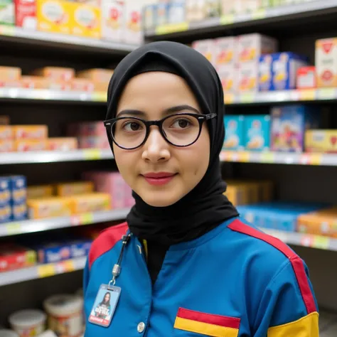  A young woman wearing a distinctive uniform Indomaret with a blue base color combination ,  the color red on the sleeves straight from top to bottom on the edge of the shirt ,  yellow color adjacent to red complete with 'Indomaret' logo on the chest .  He...