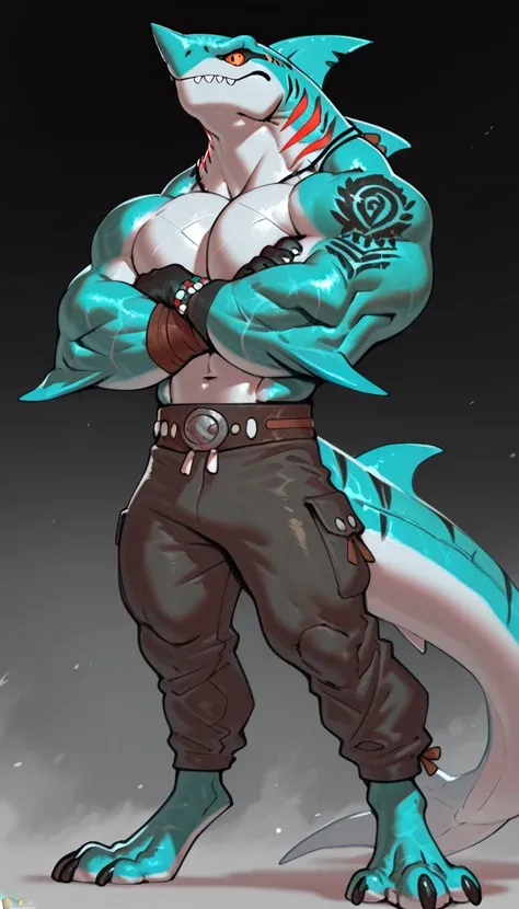 sharkman, anthro megalodon, darker hands and fins, black back, solo, big arms, bara, detailed skin, lizard shark hybrid, anthro, closed mouth, tribal polynesian tattoos, detailed shark skin, scalie arms, fins on arms, gray color body, beefy, thick scales o...