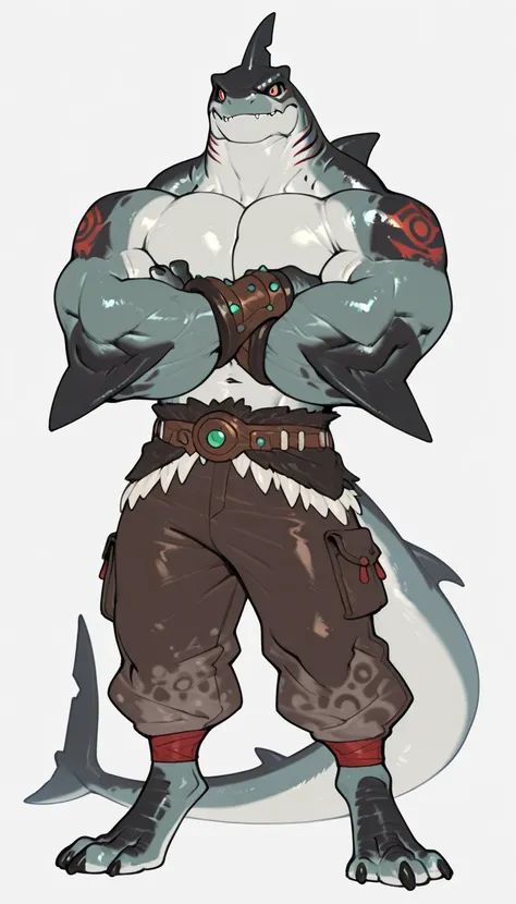 sharkman, anthro megalodon, darker hands and fins, black back, solo, big arms, bara, detailed skin, lizard shark hybrid, anthro, closed mouth, tribal polynesian tattoos, detailed shark skin, scalie arms, fins on arms, gray color body, beefy, thick scales o...