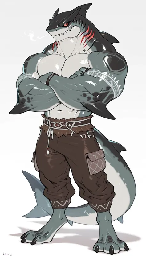 sharkman, anthro megalodon, darker hands and fins, black back, solo, big arms, bara, detailed skin, lizard shark hybrid, anthro, closed mouth, tribal polynesian tattoos, detailed shark skin, scalie arms, fins on arms, gray color body, beefy, thick scales o...