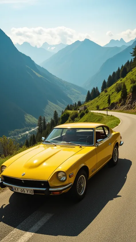  Photograph of a yellow Porch car on a mountain road with green slopes. The yellow of the car shines in sunlight .