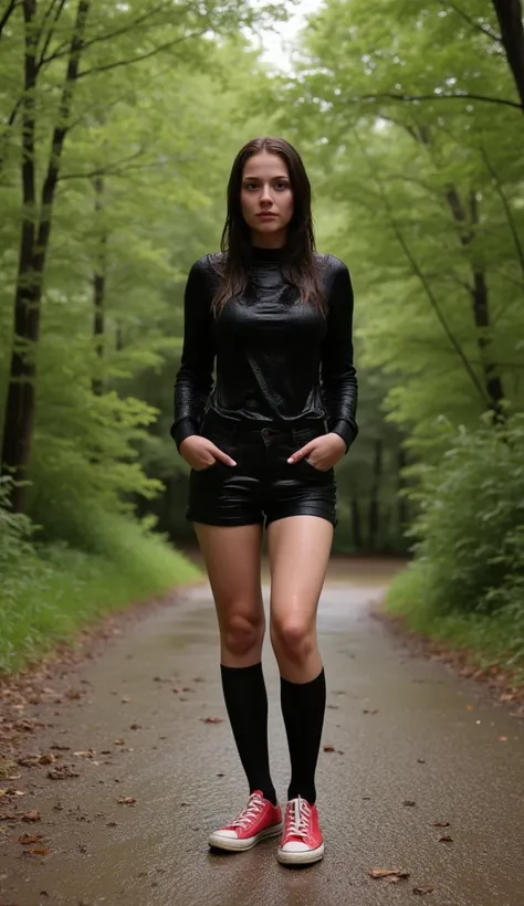 (Full Body Shot, ((woman, soaking wet, dark long hairs,)(sweater, black, soaking wet,)(jeans shorts, skinny, black, soaking wet,)(wet knee-high socks, black, soaking wet,)(converse, red, soaking wet,) Forest, Heavy Rain,