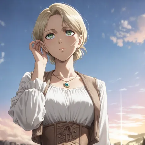 ((ANIME FAMALE character)),, (very aesthetic:1.2), , cinematic lighting sunrise, (Elegant mature woman), beautiful eyes, ((looking up at sky)),Hand Pose tucking hair behind ear, Pale blonde hair, Shoulder length short hair was blown by the gentle wind , (N...