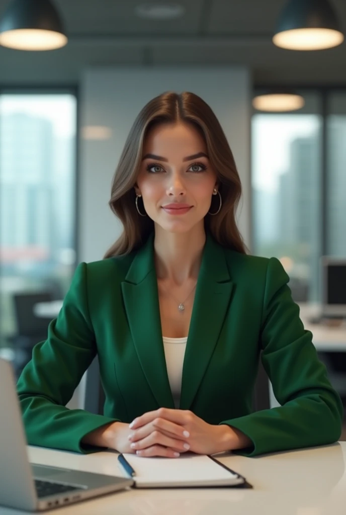 Give me a woman with a green blazer in the office 