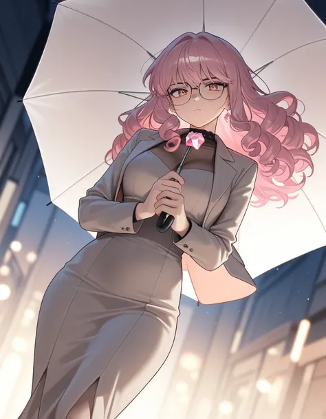 1woman, a adult woman, queixo mais fino, alta, pink curly hair like rose quartz, curly long pink hair, serious, front view, jacket, dress, watercolor background, manhwa art style, manhwa protagonist, fullbody, holding a umbrella, confident, glasses,(best q...