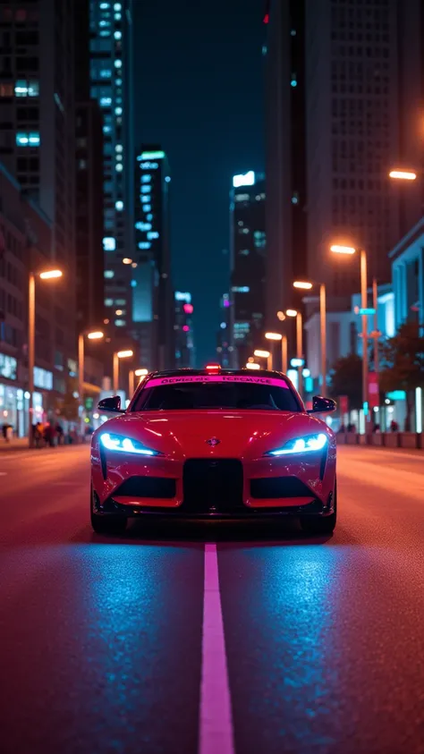 Photograph of a modern red car around the city at night. Building lights and streetlights illuminate the car. Coloured reflections come out of the car's headlights