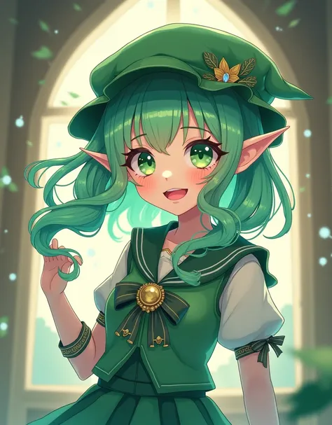 chef-d'œuvre, Fille aux cheveux verts et au chapeau vert se tenant dans une pièce, illustration publicitaire, style artgerm, fille elfe, style Murata et Artgerm, artgerm lau, vive, style d'Artgerm, style ligue de légendes, Ruan Jia et Artgerm, artgerm styl...