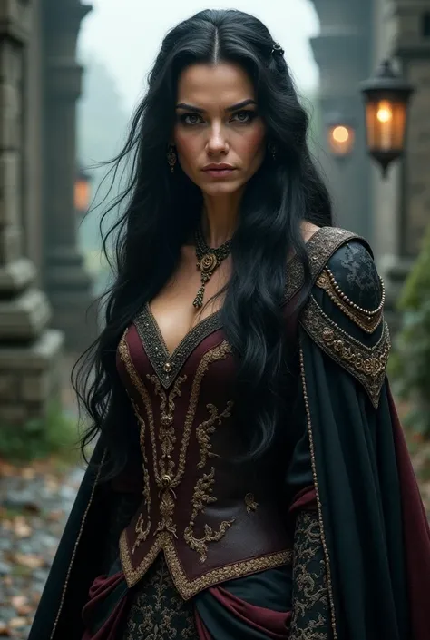 A stern beautiful woman with black hair, 45 years old, wearing a medieval dress, fantasy movie, realistic 