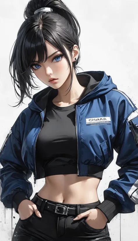 Neo-noir futuristic art style, A close-up view of a semi-realistic anime-style woman with long, sleek black hair styled in a high ponytail. The focus is on her intense gaze and sharp facial features, exuding confidence and superiority. She is wearing a blu...