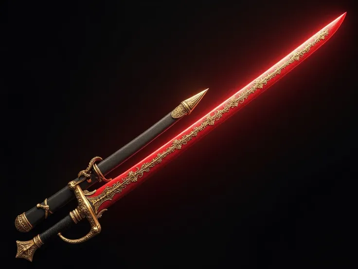 The sheath was dark, with a golden red mouth, the golden hilt to a modified and bettered sword which had several new points of decoration lit up a beautiful sheen, proudly giving an elegant glimpse at its fullness. the blade is blood red with golden rune e...