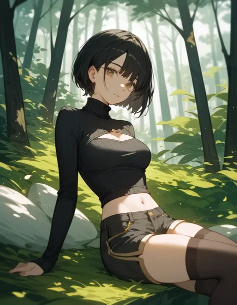 alone,girl, black blonde hair ,Bangs,girlบาร์, , gold-bronze eyes, short hair, bob ,Black hair ends,ใน gold-bronze eyes,Black hair ends,, mid-chest,thin ,beautiful, black turtleneck,Focus on the face,, irritation , Nature,sit, shorts, black long stockings 