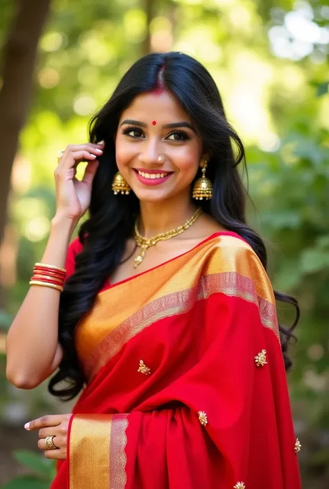 "A gorgeous young Indian woman wearing a vibrant red and golden saree, standing in a garden with sunlight filtering through the trees. She has long, silky black hair, big expressive brown eyes, and a soft pink smile. She is accessorized with elegant gold j...