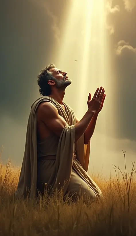 Nebuchadnezzar,  kneeling in the field ,  with his hands raised to heaven and tears in his eyes. Rays of heavenly light descend upon him ,  illuminating his face of regret and humility .