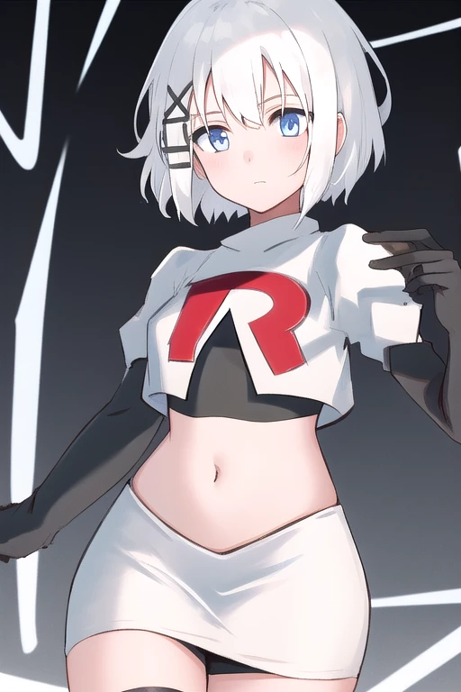 masterpiece, best quality, highres, 1girl white hair blue eyes x hair ornament, team rocket,team rocket uniform,white skirt,red letter R,crop top,black thigh-highs,black elbow gloves, simple background