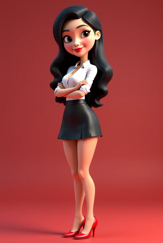 Create 4 high-quality, full-body versions of the same Disney Pixar character from head to toe in 3D ,  25-year-old woman with a thin, pinkish face with white skin slender eyes light brown Asian thin nose red lips long straight black hair , medium tits wear...