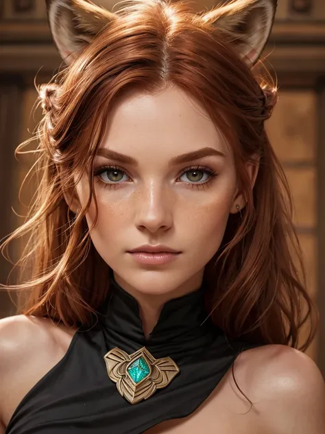 kiper, real skin, segolily nose, (narrow face), slender face, lupine, tribe of ephraim, irish genes, dark hazel eyes, scottish nose, lioness fox, cybercat, (high forehead, freckle:0.8), beady hazel eyes, brown slightly ginger, black hair, feminine energy, ...