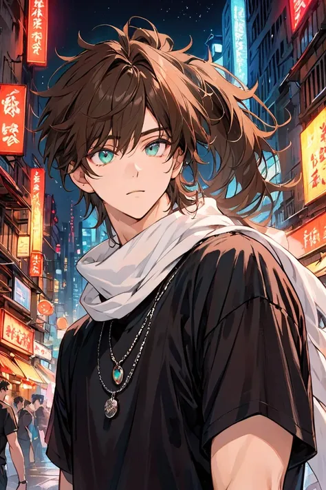 (masterpiece), best quality, expressive eyes, perfect face, tall, 19 year old male, brown long hair, bangs, messy hair, ponytail, teal eyes, black t-shirt, pendants, sunglasses on head, white scarf, masculine, neon tropical city background at night