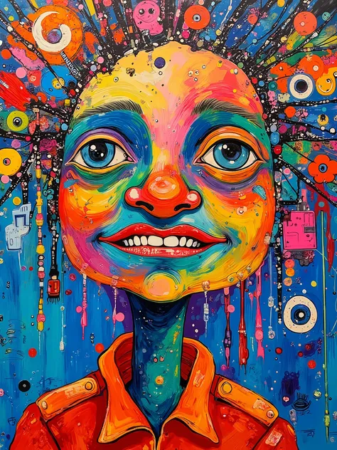 expressionism painting, expressive brushwork, vibrant colors, surreal elements, symbolism, detailed personal traits of face and upper body fading into more abstract elements, personal and colorful acrylic painting, with clear brushstrokes, and colorful dep...