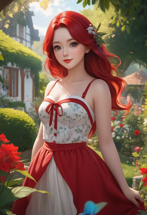 An beautiful, big-eyed woman with a round face, full lips, and a warm smile. Bright red hair. She stands in a garden, her hands placed gently behind her back. She has a triangular body type with a curvy figure, fit. thin. wearing a charming sundress with c...