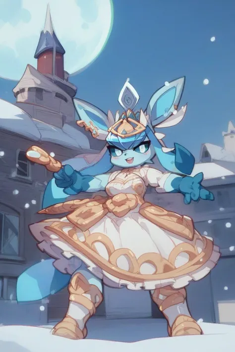  1 girl(masterpiece)、anthro female Glaceon 、The background of a castle town covered with snow( snowstorm 、grey building、blue roof)、Midnight( sky full of stars、 big full moon )、 blue sclera 、White Eyes、 monocle、Battle dress based on blue、 blue long boots 、B...