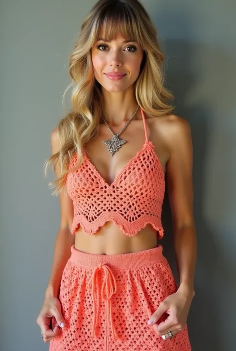  A woman with long blond hair with bangs brown eyes with a soft smile wears a set of two pieces of salmon crochet. The top is a halter-style crop top with a scalloped edge and an intricate crochet pattern .  The bottom is a high-waisted skirt with adjustab...