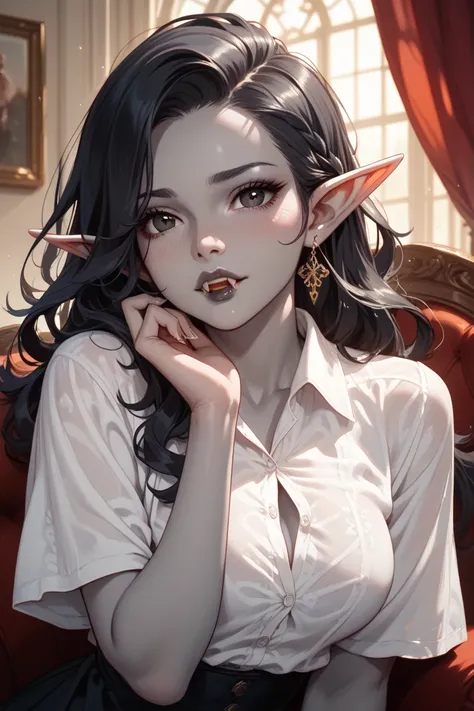 vampire elf, grey skin, completely black eyes, wavy black hair, fangs, shy, beautiful shirt, dark lips, dark fantasy