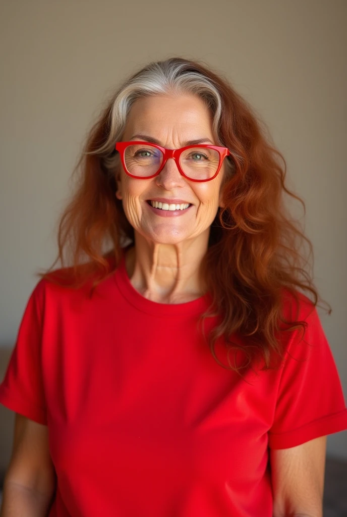 A 50-year-old grandma who still looks pretty good for her age with organ hair and some gray hair with red glasses and a red T-shirt 