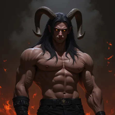 young man 20 years old, demon, 6'6", handsome, muscled and broad with a long mane of black cinder hair and red fiery eyes like lava. He has a pair of goat horns on his head and goat-like pupils.