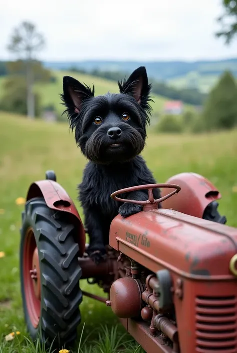 Arlo the black Scottish terrier French bulldog with long hair and floppy ears on a tractor 