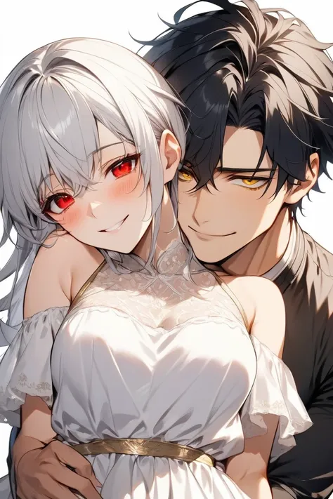 One Man　male　 black hair　 golden eyes　 high resolution, accurate,  top quality,  seductive smile,   1 girl,  Silver Hair　 red eyes　 white dress by T2K9　 embarrassed face