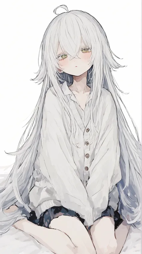 oversized white cardigan, skinny body, flat chest, ((miniskirt:1.2))、Put on clothes , very long hair, ahoge, crossed bangs、white hair、round face、 is short、Baby Face,  wariza, ((Looking up:0.5))