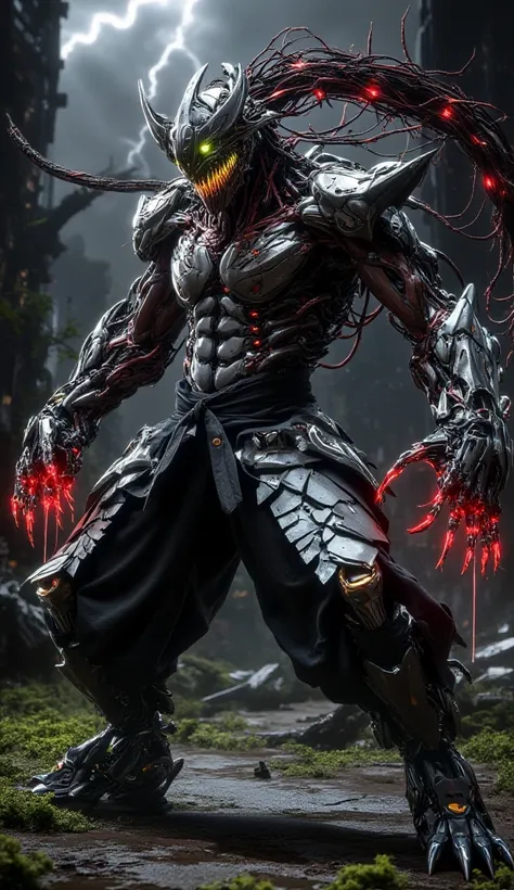 Creates an image of Shang Tsung from the latest Mortal Kombat game, in a karate fighting stance, full-body, which has transformed him into a horrifying bio-robotic monstrosity. His appearance is grotesque, with organic and mechanical elements combined in a...