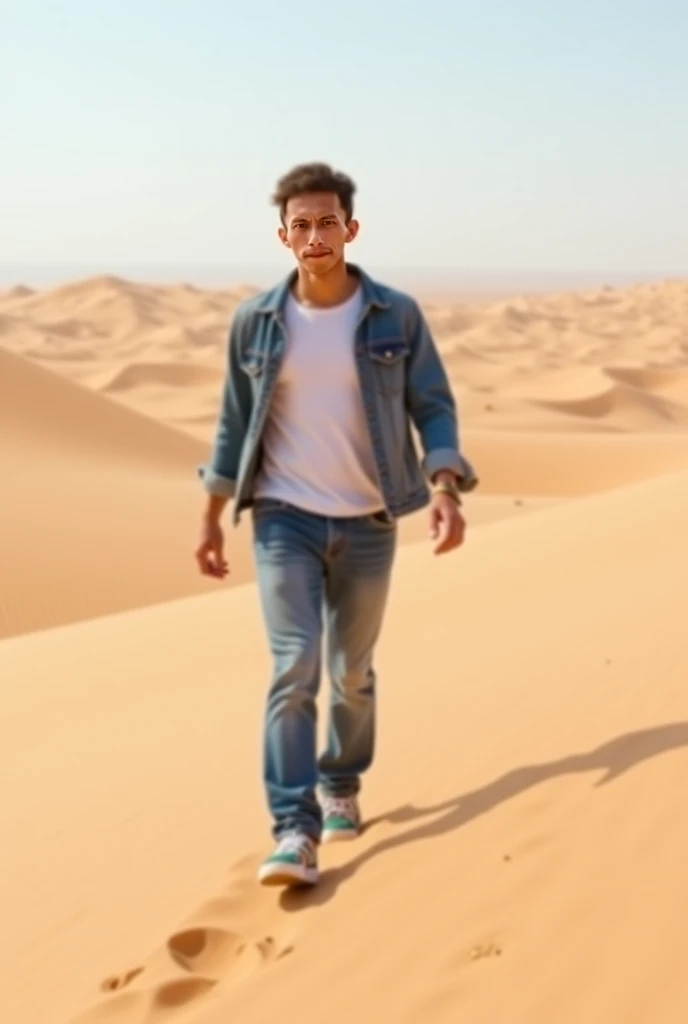 Wearing a levis jacket white t-shirt jeans sports shoes walking in the Sahara desert