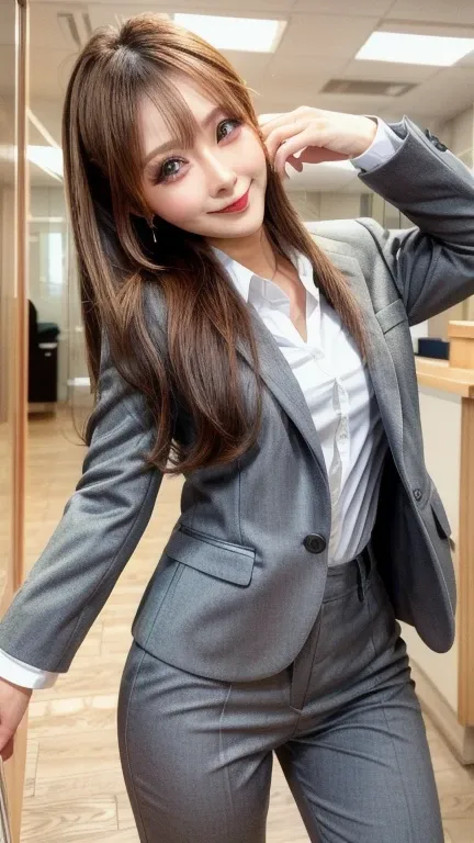  top quality,  photorealistic, 8k,   High Definition ,   1 female、smile、 beautiful and perfect proportions , Beautiful big boobs,  office、 pantsuit ,  white blouse ,staff identity card,work, 