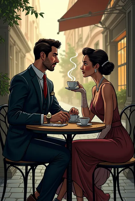 Make a modern old money inspired couple, sitting at a caffe place table and having a conversation. Makr it dc comics style