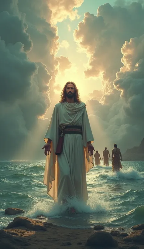 "A highly detailed and artistic illustration of God standing in the middle of the Red Sea with the waters parted. God is the central focus, depicted as serene and majestic, with eyes full of hope and confidence, gazing straight ahead as if addressing someo...