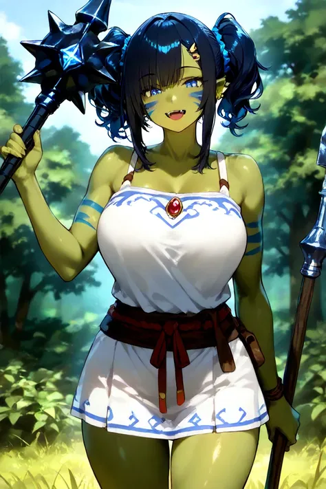 Create an image of a young orc shaman.  She has blue-black hair tied in two pigtails and light blue eyes with black sclerotids.  Its skin is green and it has lower fangs that stick out a little.  She is tall and strong, with a marked but feminine and curvy...