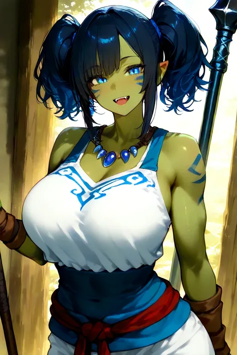 Create an image of a young orc shaman.  She has blue-black hair tied in two pigtails and light blue eyes with black sclerotids.  Its skin is green and it has lower fangs that stick out a little.  She is tall and strong, with a marked but feminine and curvy...