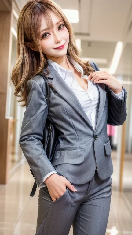  top quality,  photorealistic, 8k,   High Definition ,   1 female、smile、 beautiful and perfect proportions , Beautiful big boobs,  cleavage、 office、 pantsuit ,  white blouse ,staff identity card,work, 