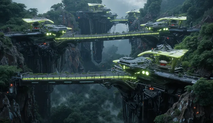 "A futuristic eco-city built on top of massive cliffs, with glowing green rooftops, sky bridges made of transparent materials connecting skyscrapers, surrounded by dense tropical forest below, glowing bioluminescent plants lining the walkways, ultra-realis...