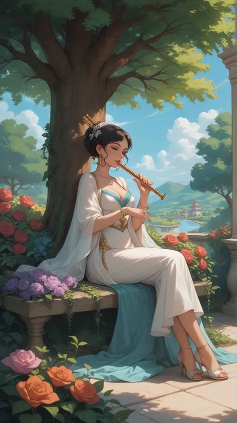 Shree krishna playing flute, sitting under a big tree, beautiful garden background