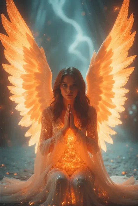 Beautiful and perfect angel woman with large and detailed wings kneeling in prayer, beautiful and perfect angel woman with defined and detailed orange sparkle wings, angel woman with uniform and large orange wings, beautiful and perfect face, open defined ...