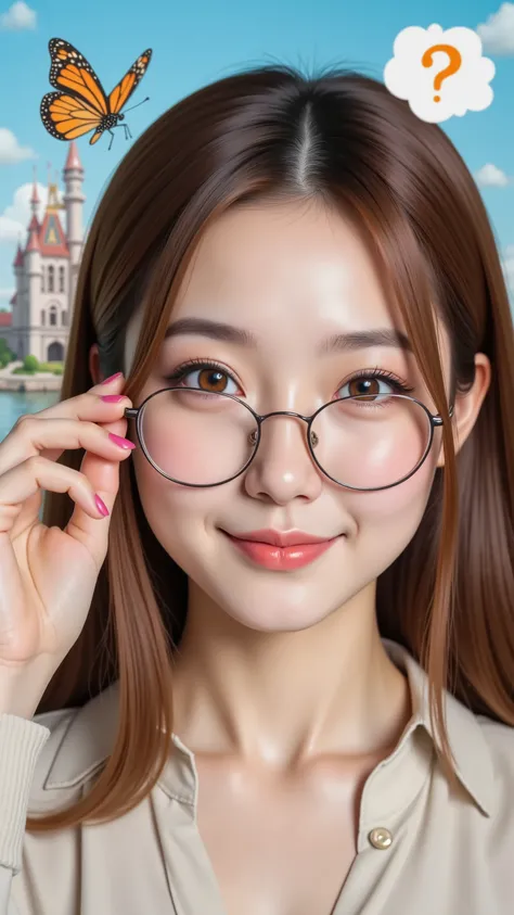 8k, masterpiece, highest quality, Surrealism, Korea's Beautiful Women, Close-up, long brown hair, glasses, light shirt, smiling, hand on glasses, castle background,  question mark, exclamation point, butterfly,  whimsical, edited.
