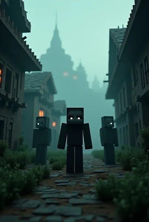 A deserted village in Minecraft ,  with immovable and creepy villagers, with folded hands and with white and empty eyes