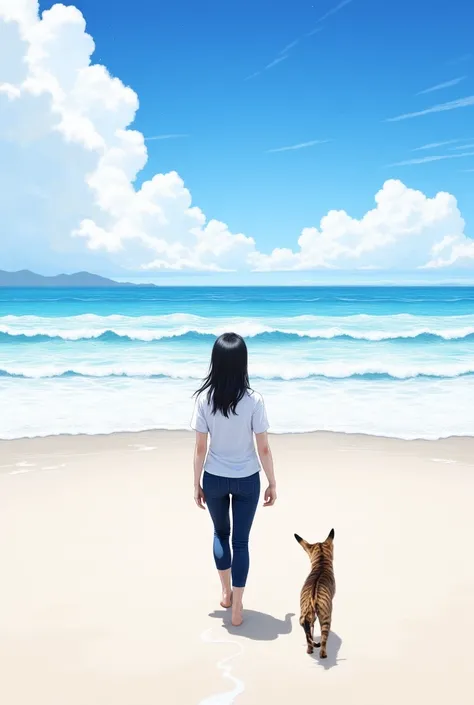  masterpiece, illustration,     Vector graphics ,     little characters  ,  Japanese ,    1 girl,  abbreviations ,    black hair,   detailed face,  orange  ,   white shirt,Blue pants  ,( Back view of a woman ,  walking along a sandy beach , and a tricolor ...