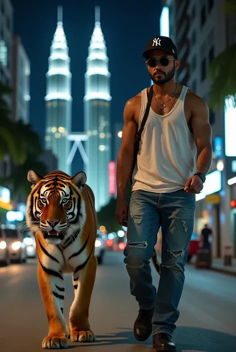  Picture a sado-skinned Malay man wearing a singlet ,  in jeans , wearing a black eye patch and wearing a NY stamp carrying a tiger for a walk in the middle of Kuala Lumpur. In front of KLCC at night and the road is not busy with vehicles . 4K REAL IMAGE 