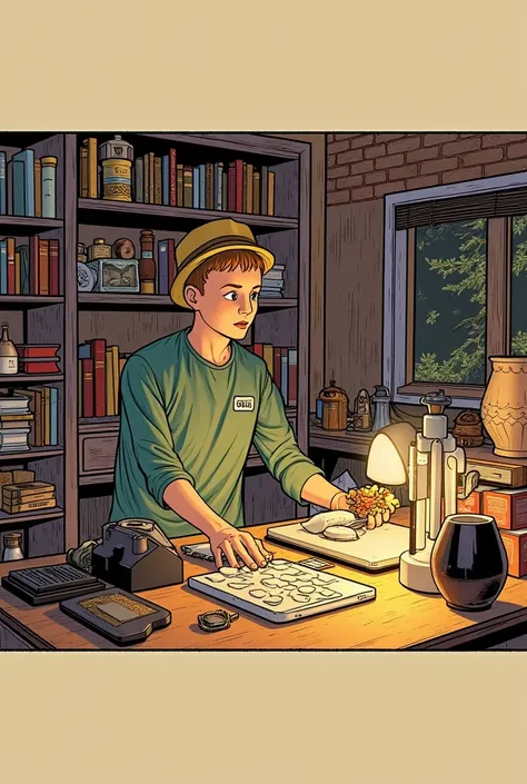 "A comic-style illustration inspired by Tintin, depicting the same  Isaac Newton from the previous image, with the same hairstyle, clothing, and facial features. He is sitting in his room at night, illuminated by the warm glow of a lantern on his wooden de...